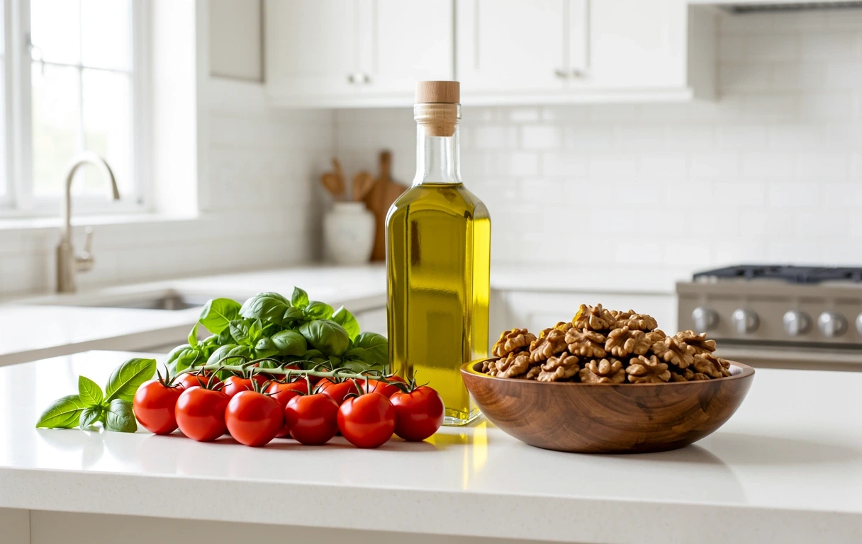 Frische gesunde Lebensmittel auf einer Arbeitsplatte